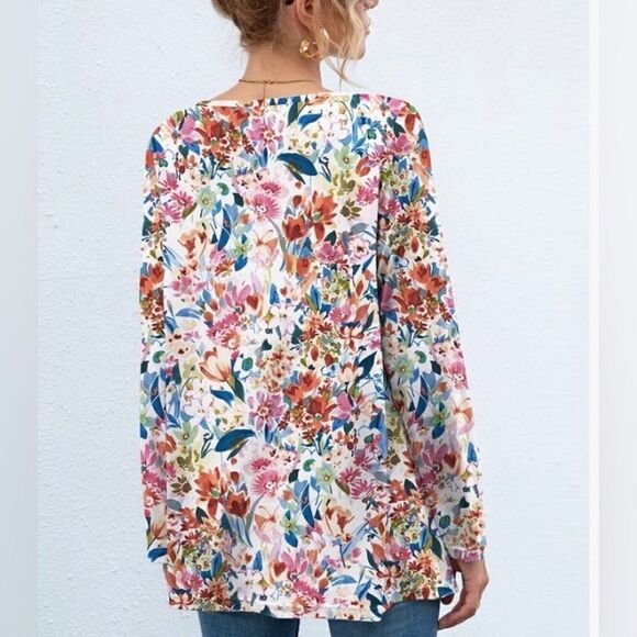 Floral V-Neck Tunic Top Women Size 1X Orange & Pink Bohemian Relaxed NEW - Picture 2 of 5